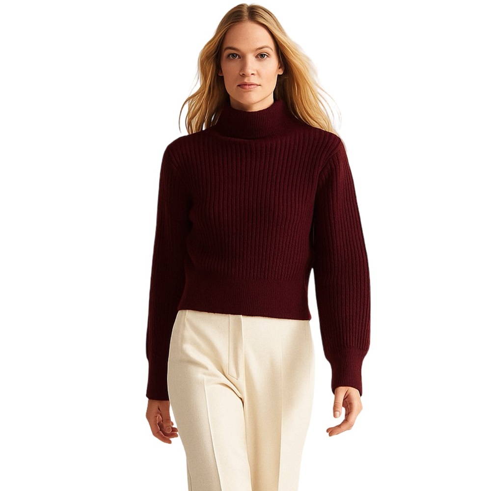 Jessica Simpson Burgundy Fuzzy Turtleneck Sweater With Striped Knit Pattern